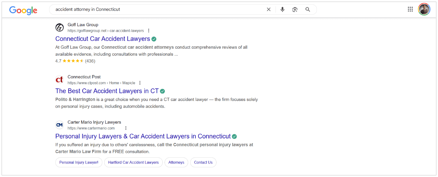 Pengacara kecelakaan mobil connecticut SERP